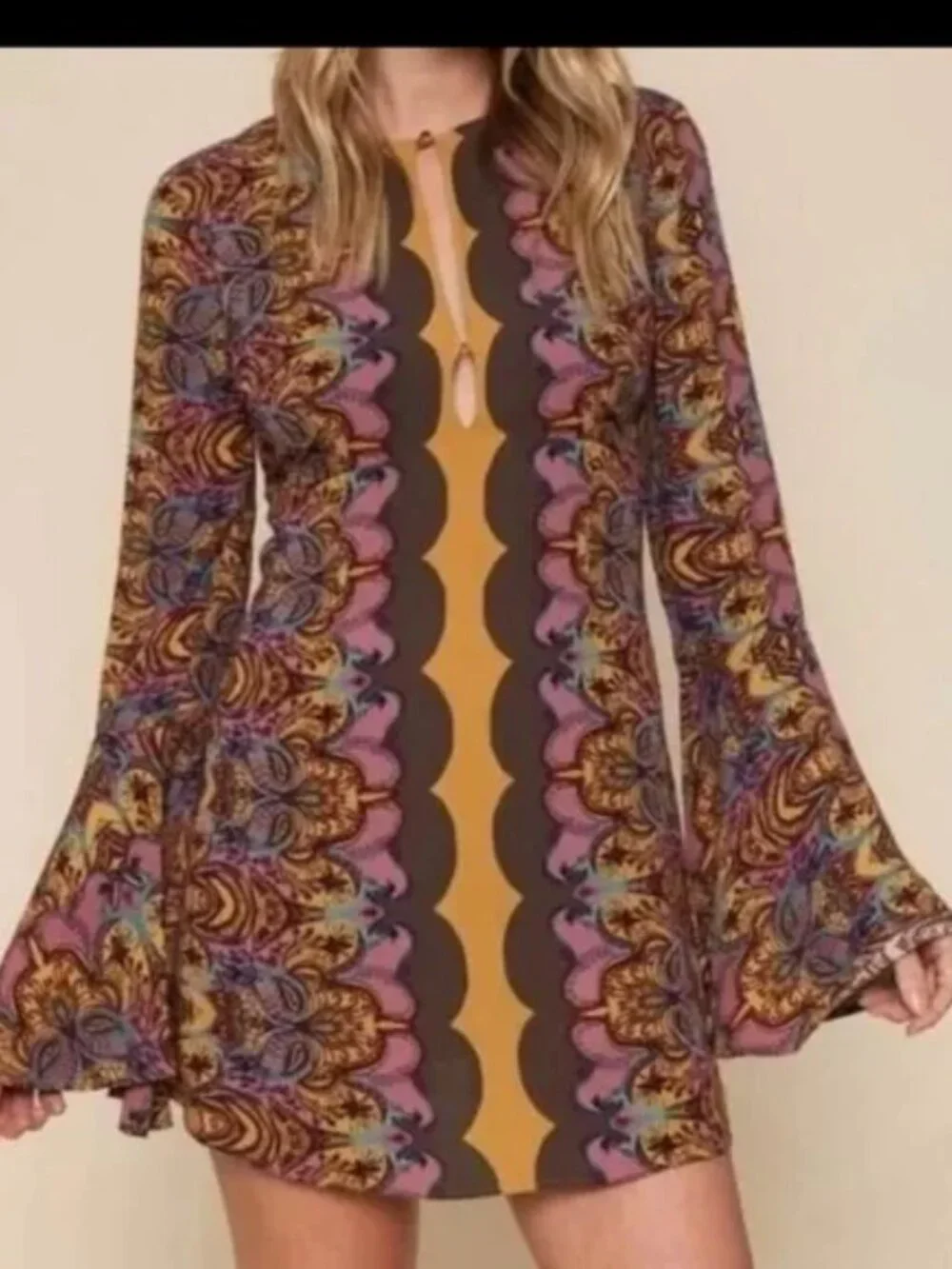 Free People Ossie Vibes Dress Boho Retro 60s Bell Sleeve Mini Tunic Sheath 0 S